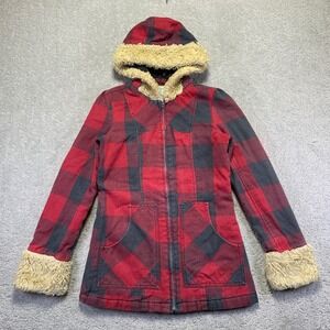 Vintage Roxy Jacket Womens Small Plaid Hooded Faux Fur Trim Parka Coat Red Black